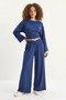 Women's Flared Sleeves, Gathered Waist Top, Pleated Belted Loose Pants, Modal Navy Blue Set - 5