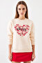 Women's Three Thread Ribbed Round Neck Paw Printed Beige Sweatshirt