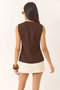 Women's Crew Neck Gold Button Detailed Lined Woven Bitter Brown Vest - 7
