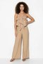 Women's Strappy Ruffle Detailed Blouse Loose Beige Trousers Set