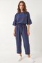 Women's Boat Neck Half Sleeve Blouse Elastic Waist Baggy Indigo Trousers Bottom Top Set - 4