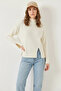 Women's Turtleneck Knitwear Ecru Sweater with Front Slit - 2
