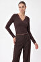 Women's V-Neck Lace Viscose Brown Blouse - 4