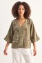 Women's Embroidered Pocket Detailed V-Neck Muslin Khaki Shirt - 7