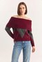 Women's Madonna Collar Diamond Patterned Knitwear Burgundy Anthracite Sweater - 4