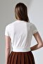 Women's V-Neck Buttoned Short Sleeve Ecru Crop Blouse - 3