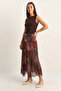 Women's Belted Elastic Waist Patterned Pleated Asymmetrical Cut Lined Midi Tulle Brown Tan Skirt - 2