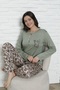 Long Sleeve Buttoned Collar Shawl Pattern Green Color Pajama Set