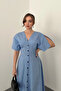 Blue Button Midi Length Poplin Dress - 2