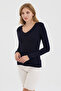 Women's Navy Blue V-Neck Slim Fit Finger-Looped Ultra Soft Flexible Lycra Cotton Basic Body&Blouse - 5