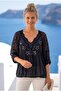 Italian Black Lace Collar 3/4 Sleeve Lined Elastic Waist Sequined Silk Woven Blouse 65 70 - 5