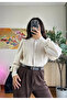 Women's Beige Buttoned Knitwear Blouse Poplin Long Ribbed Balloon Sleeves Openwork High Neck Waist Length Stylish Cardigan - 5