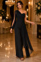 Women's Black Tulle Sleeves Lined Chiffon Fabric Wide Leg Evening Dress Jumpsuit 1336 - 7