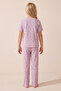 Lilac Heart Patterned Cotton Ribbed Camisole Knitted Pajama Set 26120402 - 5