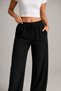 Women's Black High-Waisted, Linen Textured Gabardine, Elastic Waist, Lace-Up, Pocketed, Comfortable Cut Pants - 5