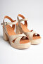 Women's Genuine Leather Platform Heeled Sandals - Beige - 4