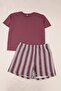 Bordo Çizgili Kısa Büyük Beden Örme Pijama Takımı TBBSS26AI00105 - 3