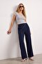 Navy Blue Elastic Waist Stoned Scarf Belted Trousers Tdrss26Pl00060 - 2