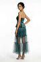Women's Strapless Skirt Tulle Top Satin Lined Dress with Belt - 4