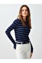 Navy Blue Boat Neck Long Sleeve Striped Knitted Blouse - 2