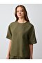 Khaki 100% Linen Relaxed Cut Short Sleeve Crew Neck Blouse