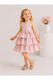 Crew Neck Short Sleeve Ribbon Detailed Skirted Ruffled Zero Sleeve Powder Color Girl's Dress