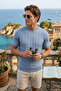 Men's Crew Neck Patterned Short Sleeve Summer Knitwear Blue T-Shirt Classic Pattern - 5315