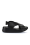 Black Leather Women's Wedge Heeled Sandals 01Wy5703