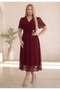 Women's Plus Size Short Sleeve Double-Breasted Collar Waist Brooch Detailed Chiffon Midi Evening Dress 26000 Claret Red - 3