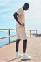 Men's Trendy Polo Collar Shirt Basic Linen Shorts Cream Two-Piece Set - 4