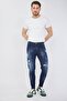 Men's Skinny Fit Paint Detailed Jeans Dark Blue Narrow Leg - 2