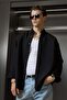 Men's Oversize Textured Striped Long Sleeve Shirt Black - 4