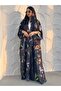 Fashionable Floral Print Front-opening Abaya Two-piece Set Including Headscarf