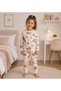 Girl's Ecru Raised Teddy Bear Heart Floral Print Long Sleeve Winter Pajamas Set
