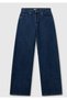 Women's navy blue 100% cotton denim pants with label detail and wide leg - 2