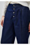 Women's navy blue cotton blend buttoned pleated wide leg denim pants - 4