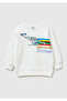 Boy's White Sweatshirt with Print and Text Detail on Crew Neck