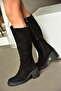 R654047702 Black Genuine Leather Suede Thick Heeled Women's Boots - 3