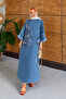 Women's Beaded and Embroidered Bat Sleeve Denim Dress - 4