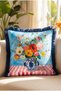 Chinese Vase Fringed Throw Pillow Cover with Flower Bouquet - Navy Blue Vintage Cover with Tassels