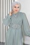 Pearl Detailed Draped Glittery Evening Dress Mint 19189 - 2