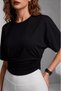 Women's Draped Waist-Fitted Black Short Sleeve T-Shirt - 2