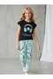 Girl's Earmuff Printed Black T-Shirt Chain Written Denim Capri Hatless 2-Piece Set - 2