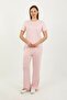 Women's Pink Short Sleeve Crew Neck Comfortable Fit Flexible Knitted Top and Bottom Set - H6052