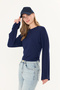 Navy Blue Natural Viscose Ultra Soft Waist-Fitting Gathered Detail Wide Long Sleeve Full Stretch Women's Blouse - 5