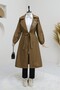 Stone Detailed Balloon Sleeve Trench Coat with Brooch -Tan - 3