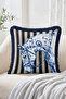 Blue Horse Figured Black and White Striped 4-Piece Fringed Throw Pillow Cover - Tasseled Pillowcase Set - 6