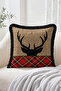 Merry Christmas Written Deer and Snowman Plaid Patterned 4-Piece Fringed-Tasseled Throw Pillow Cover Set - 6