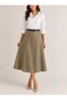 Belt-Detail Midi-Length Loose Khaki Woven Skirt