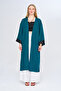 100% LINEN PETROL COLOR LONG CHIMONO JACKET WITH SLEEVES PAYET EMBROIDERED - 3